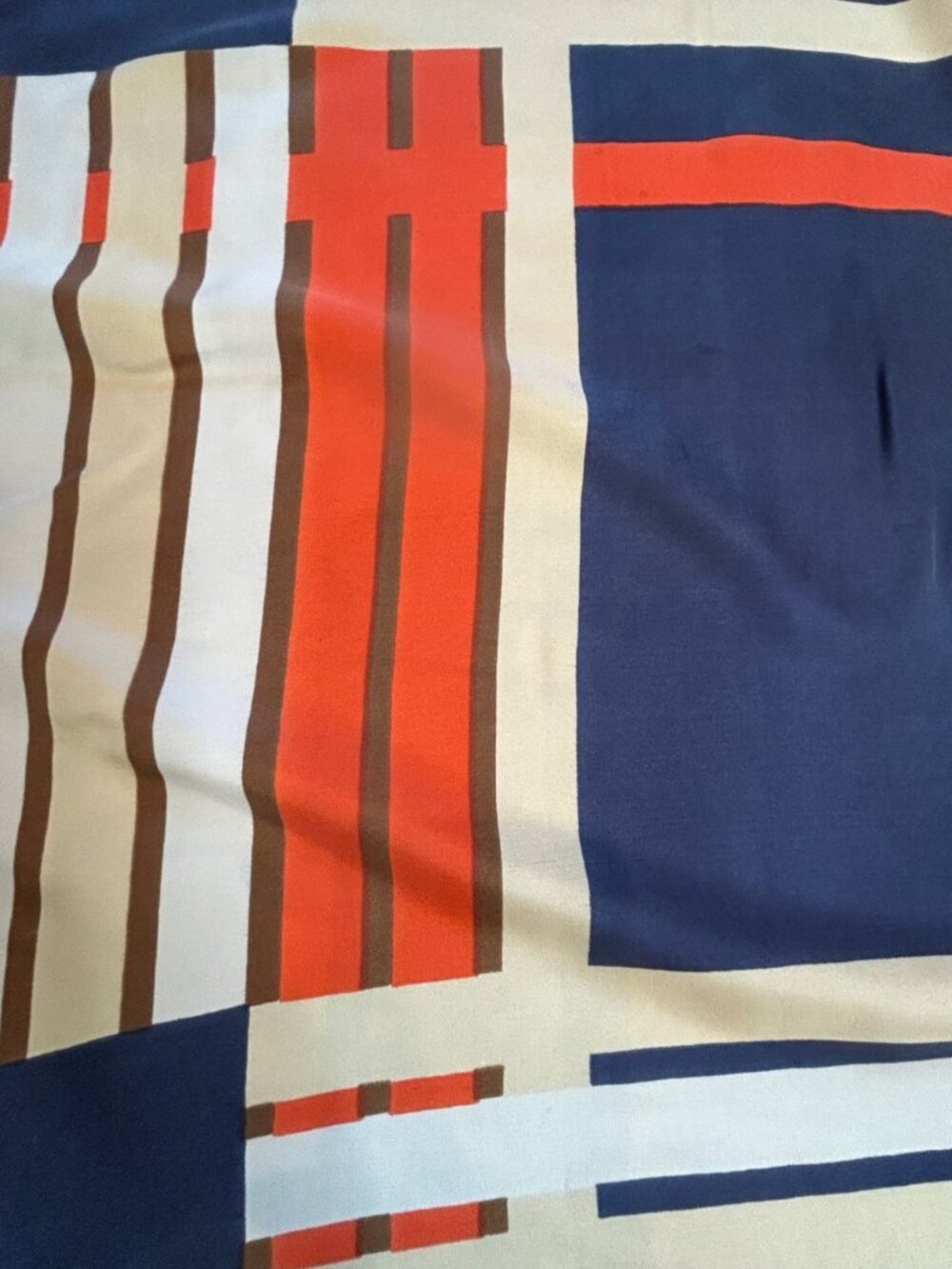Vintage 70s 80s Geometric 24" Square 100% Silk Scarf Blue Brown Orange - Picture 8 of 9
